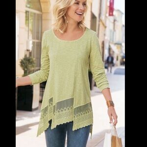Soft Surroundings Linley Green Asymmetrical Lace Hemline Cotton Tunic Top
